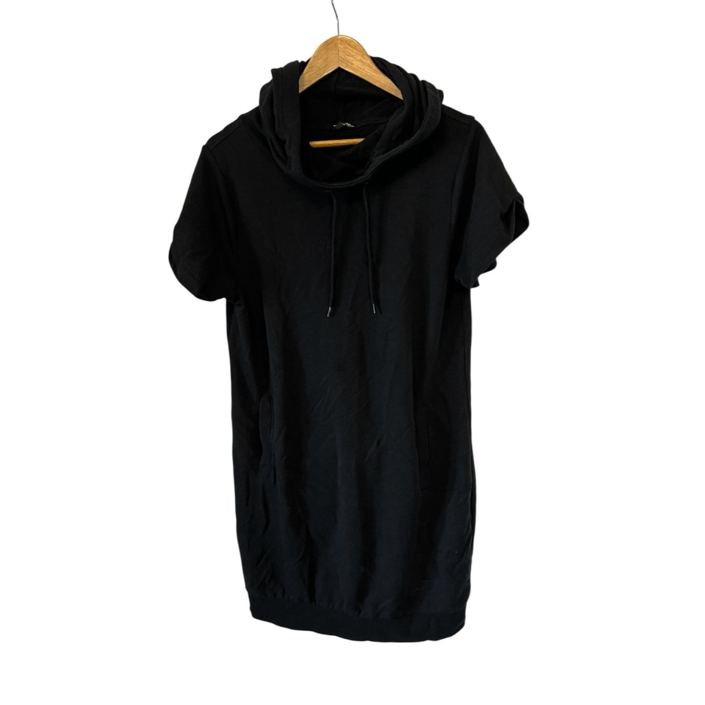 Black Tunic Sweatshirt Dress Women’s Large Hooded Short Sleeve Jersey Knit L